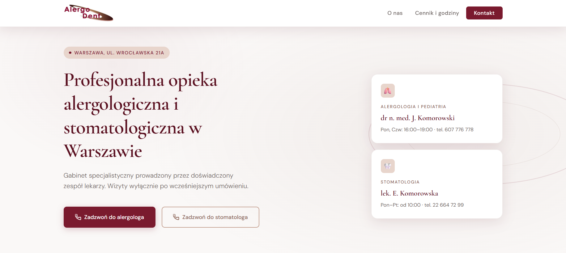 Strona-wizytówka gabinetu medycznego w Warszawie z formularzem kontaktowym i integracją Google Maps